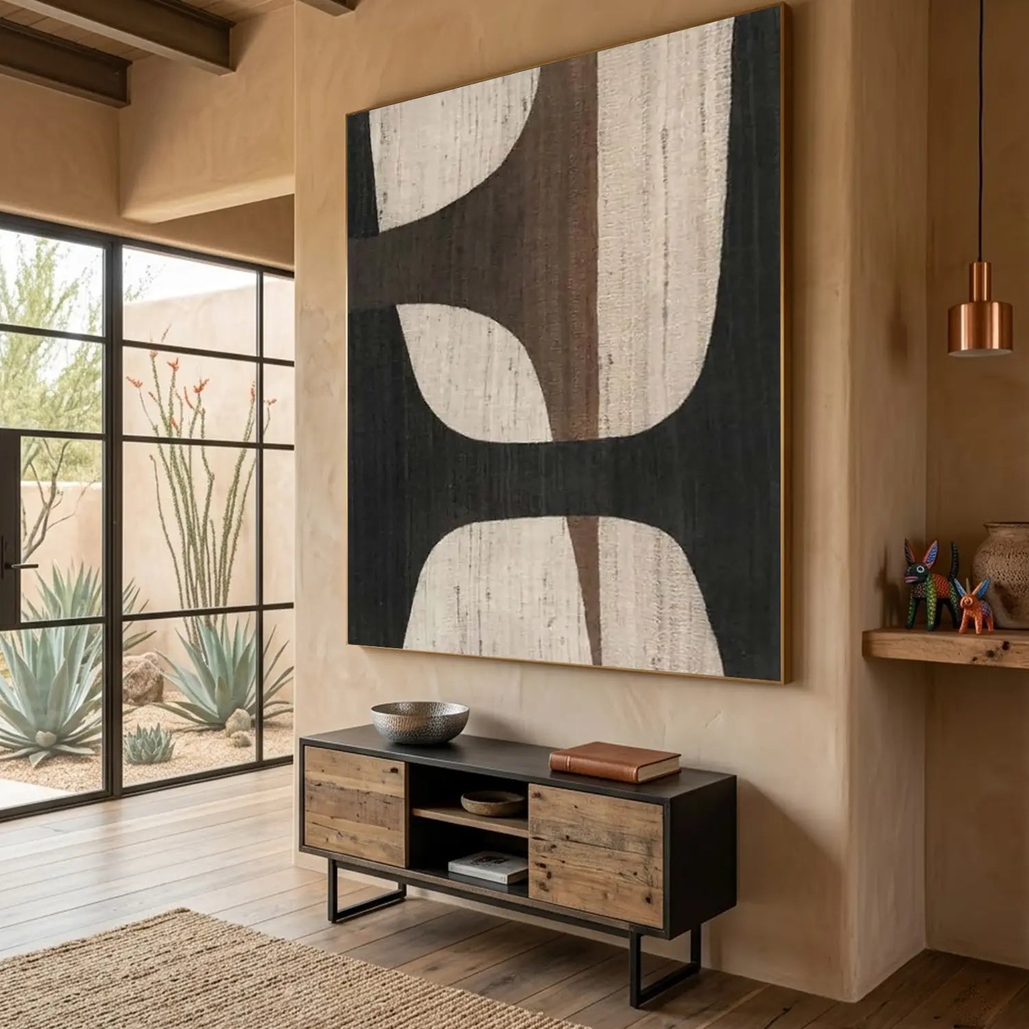 Oversize Large Wabi Sabi Abstract Painting on Canvas Minimalistic Wall Art, Black and Beige #WS018