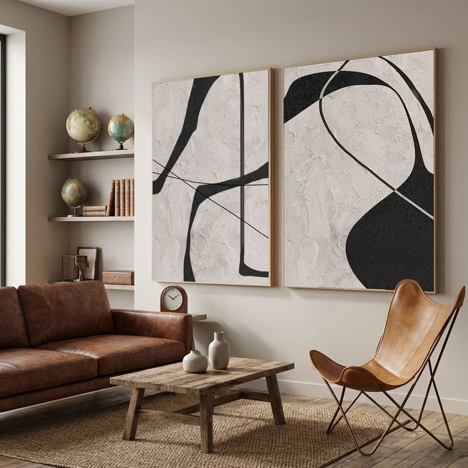Beige & Black Abstract Textured Painting Set of 2 #WS110