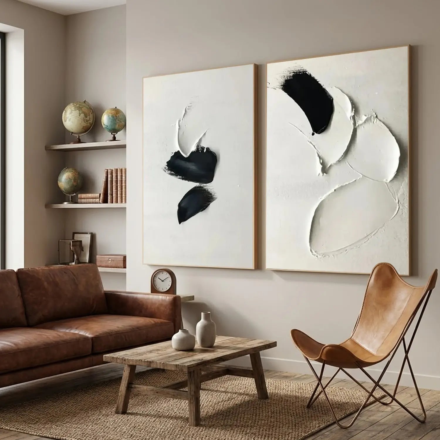 White and Black Minimalist Textured Canvas Set of 2