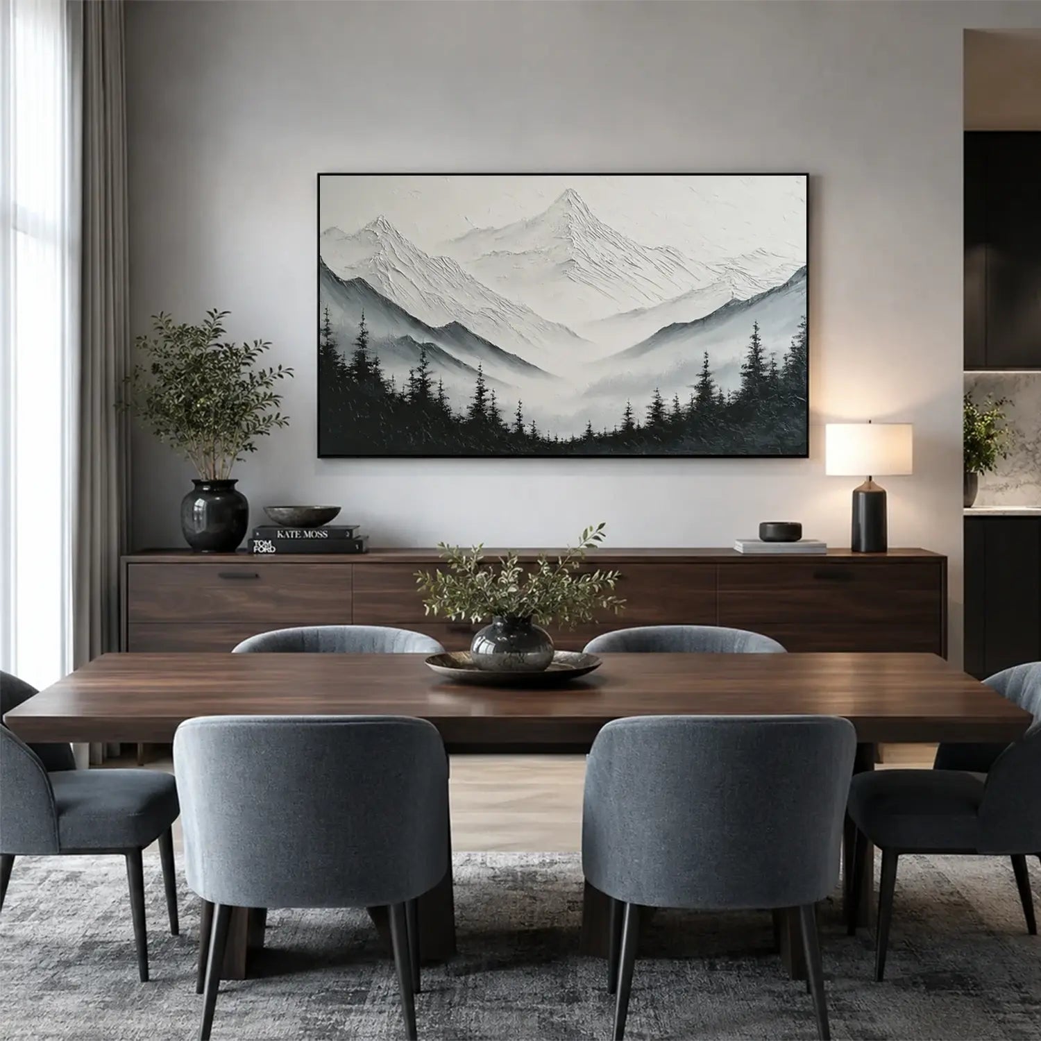 Black and White Minimalist Mountain Textured Canvas Art #BM008