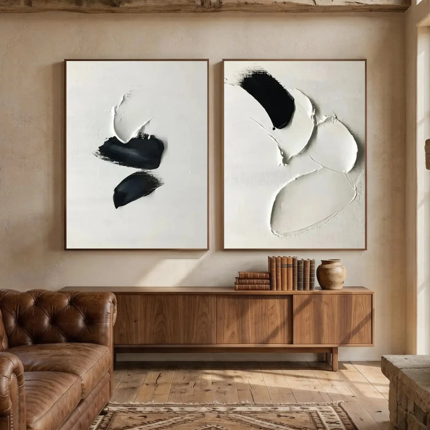 White and Black Minimalist Textured Canvas Set of 2