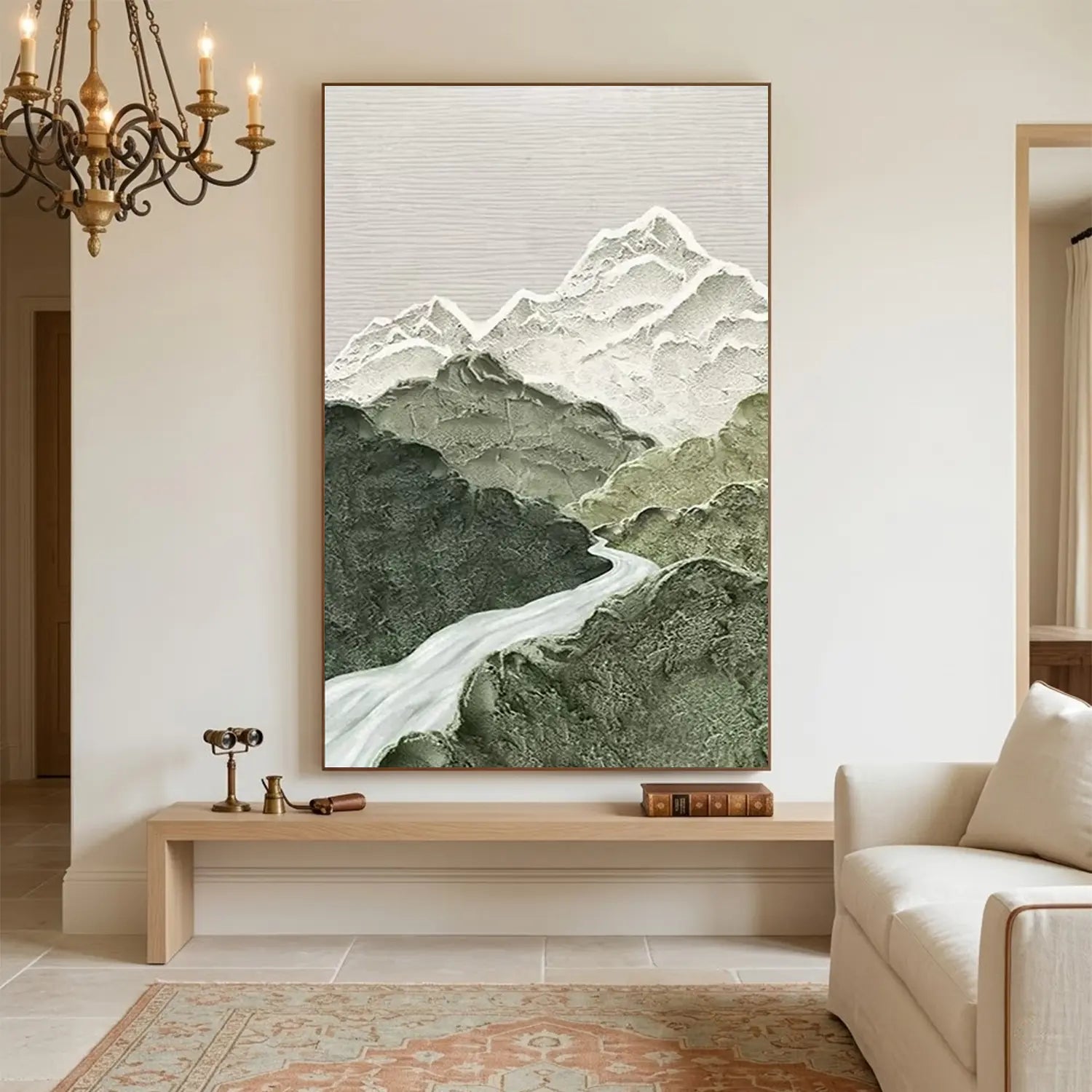 Green and White Mountain Textured Abstract Painting