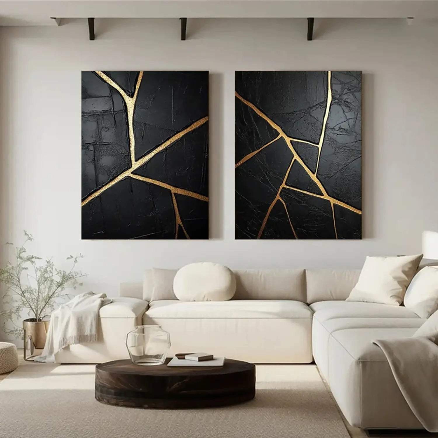 Black and Gold Minimalist Textured Canvas Set of 2 #BM014