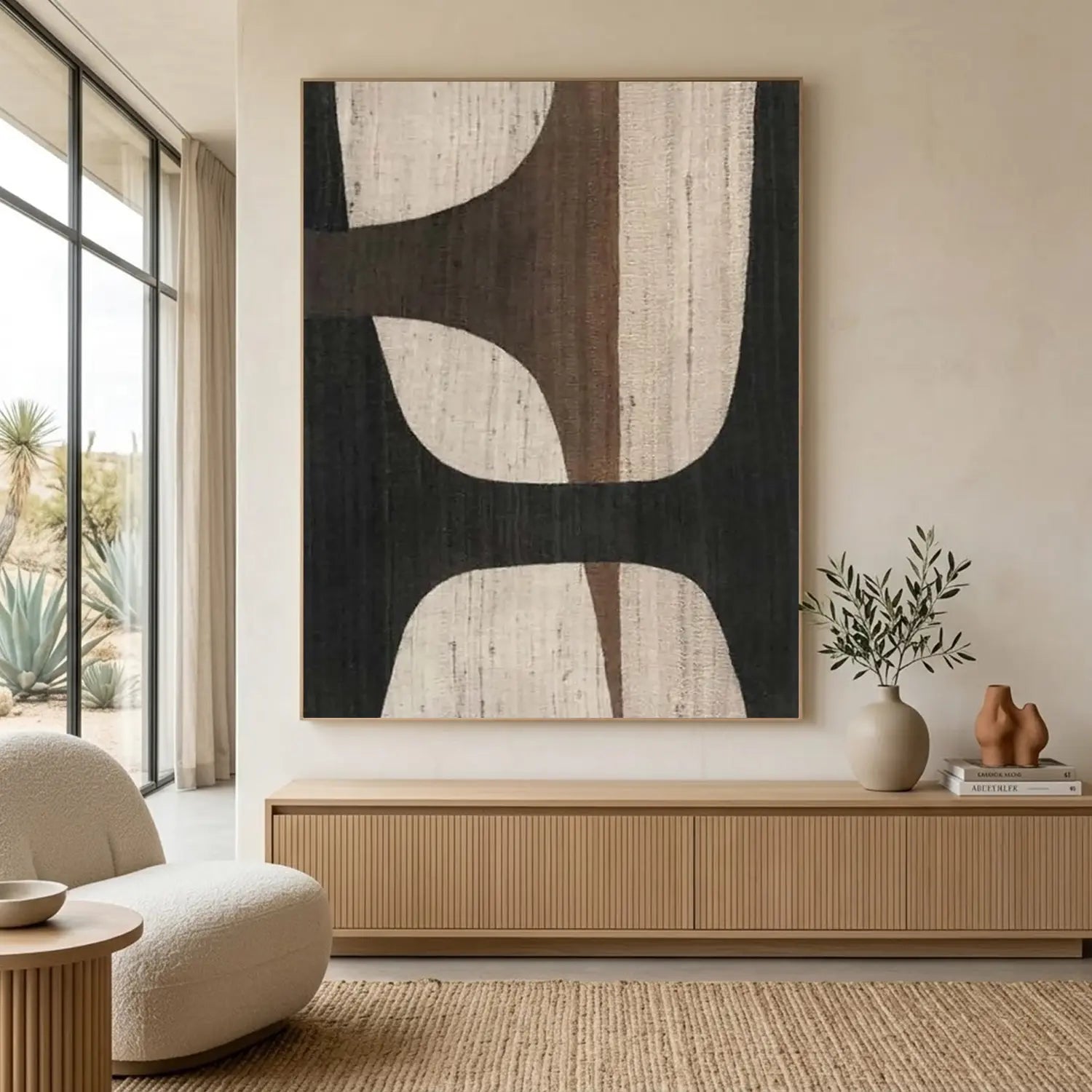 Oversize Large Wabi Sabi Abstract Painting on Canvas Minimalistic Wall Art, Black and Beige #WS018