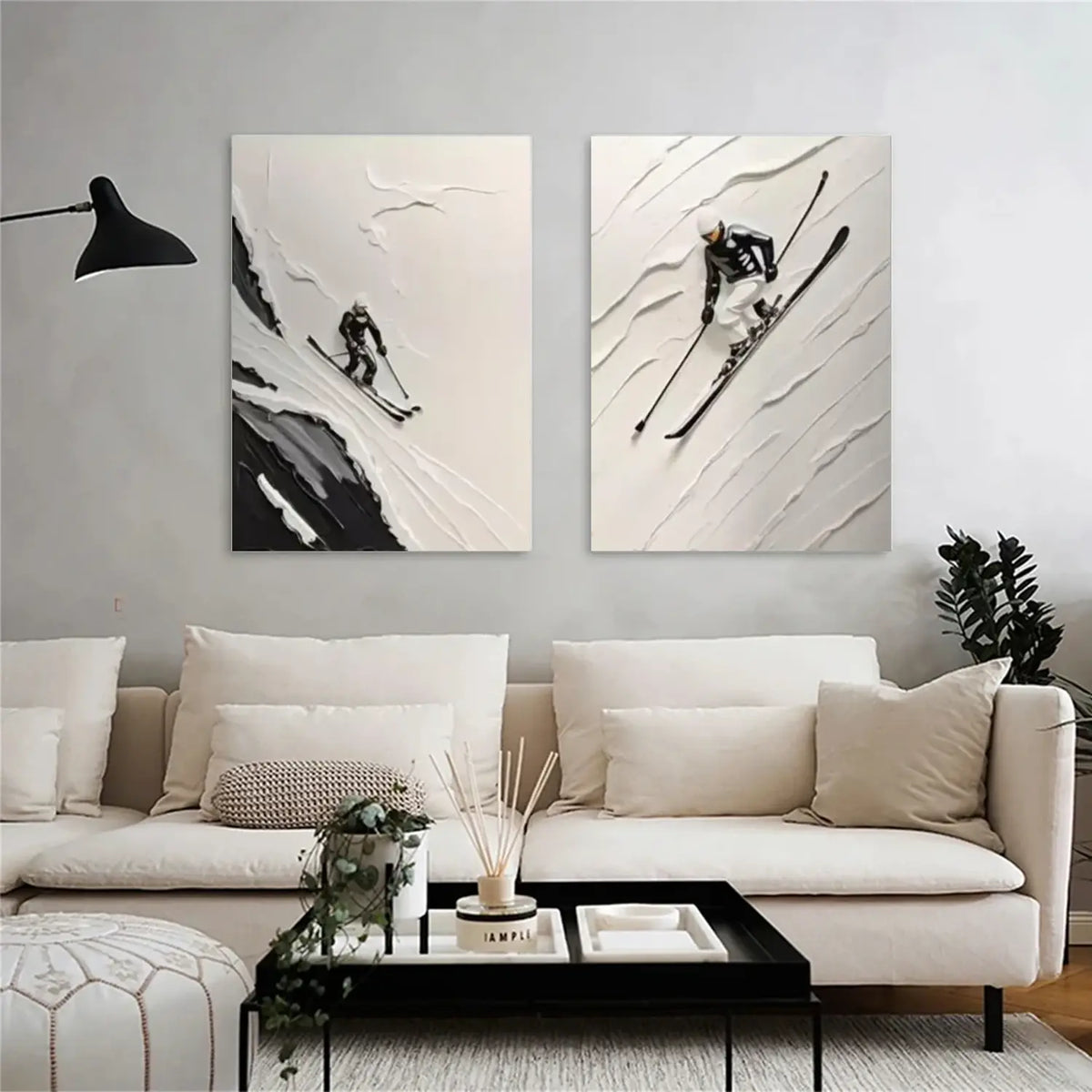 Black and White Skiing Sports Textured Wall Art Set of 2 #SC017