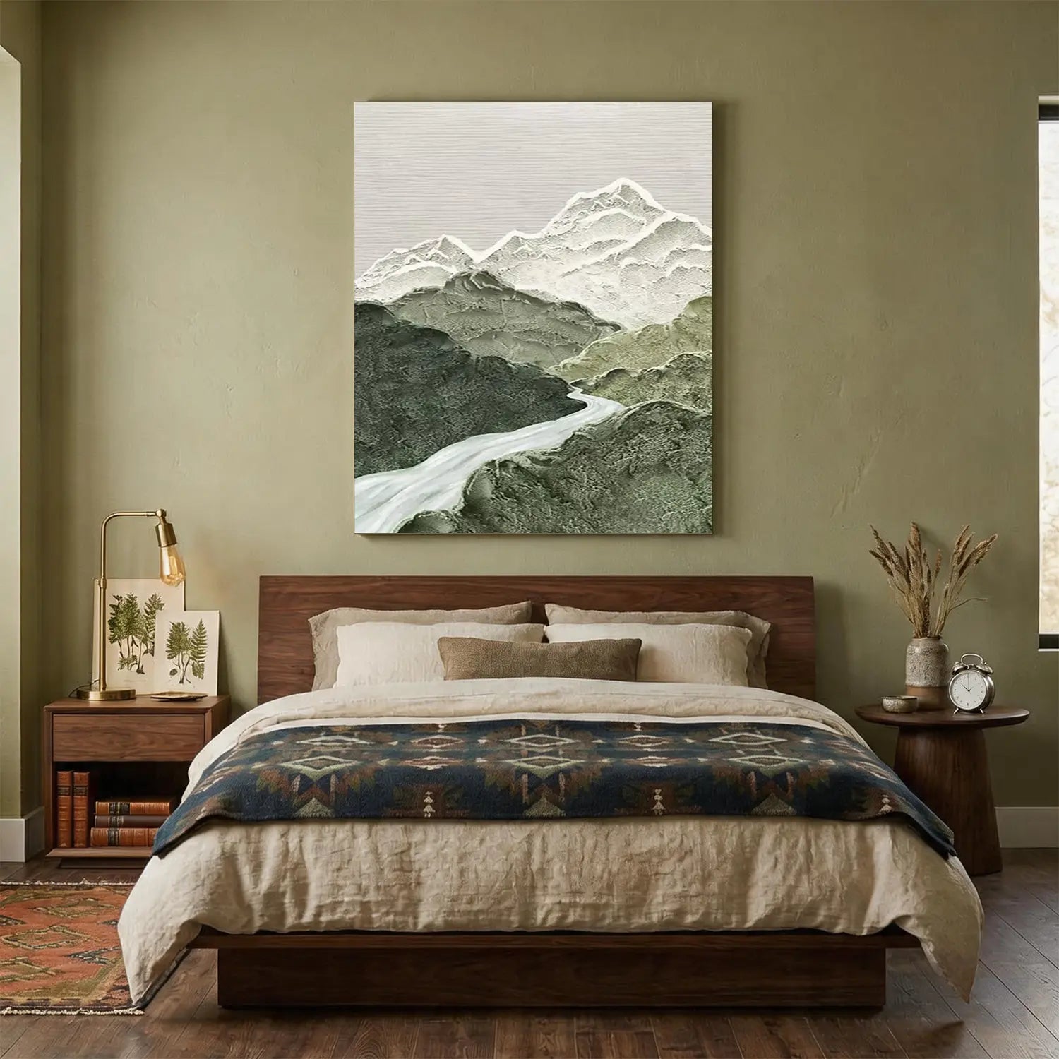 Green and White Mountain Textured Abstract Painting