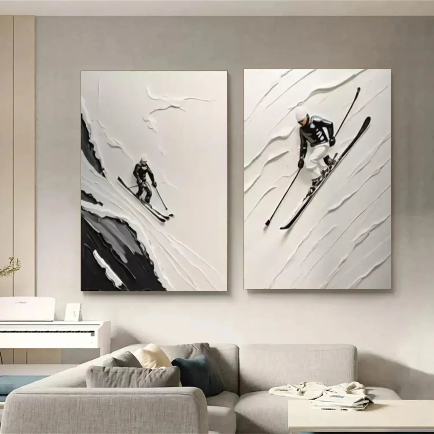 Black and White Skiing Sports Textured Wall Art Set of 2 #SC017