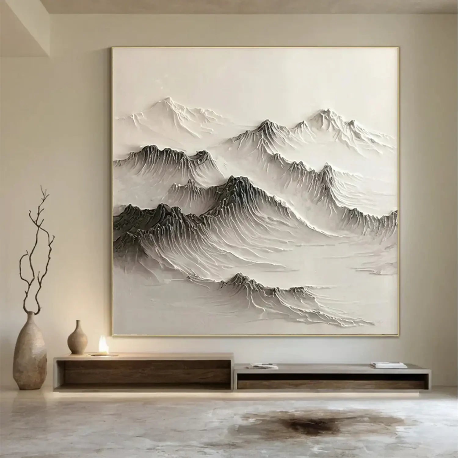 Black and White Minimalist Mountain Textured Canvas Art #BM009