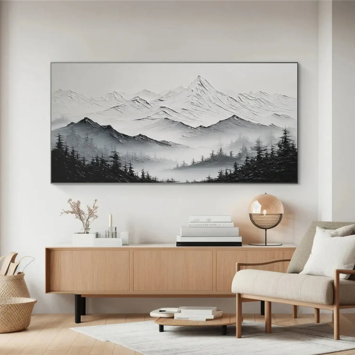Black and White Minimalist Mountain Textured Canvas Art #BM006