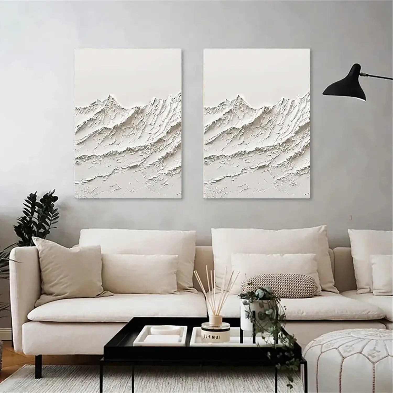 White Minimalist Mountain Textured Canvas Art Set of 2
