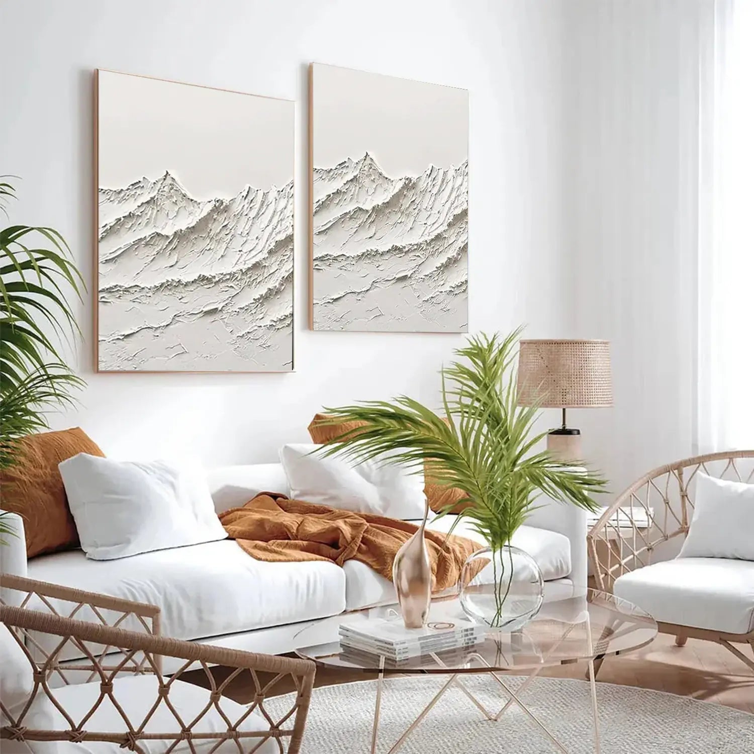 White Minimalist Mountain Textured Canvas Art Set of 2