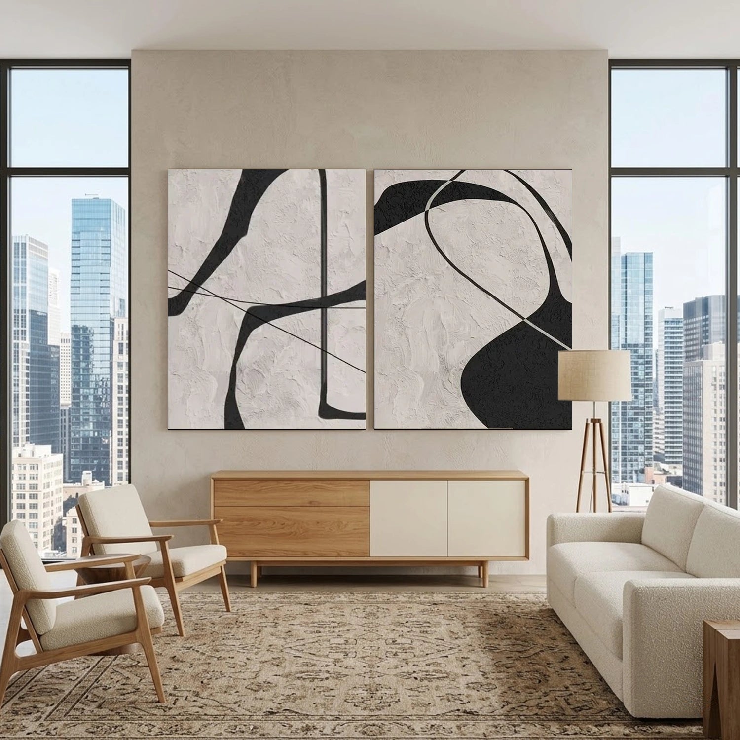 Beige & Black Abstract Textured Painting Set of 2 #WS110