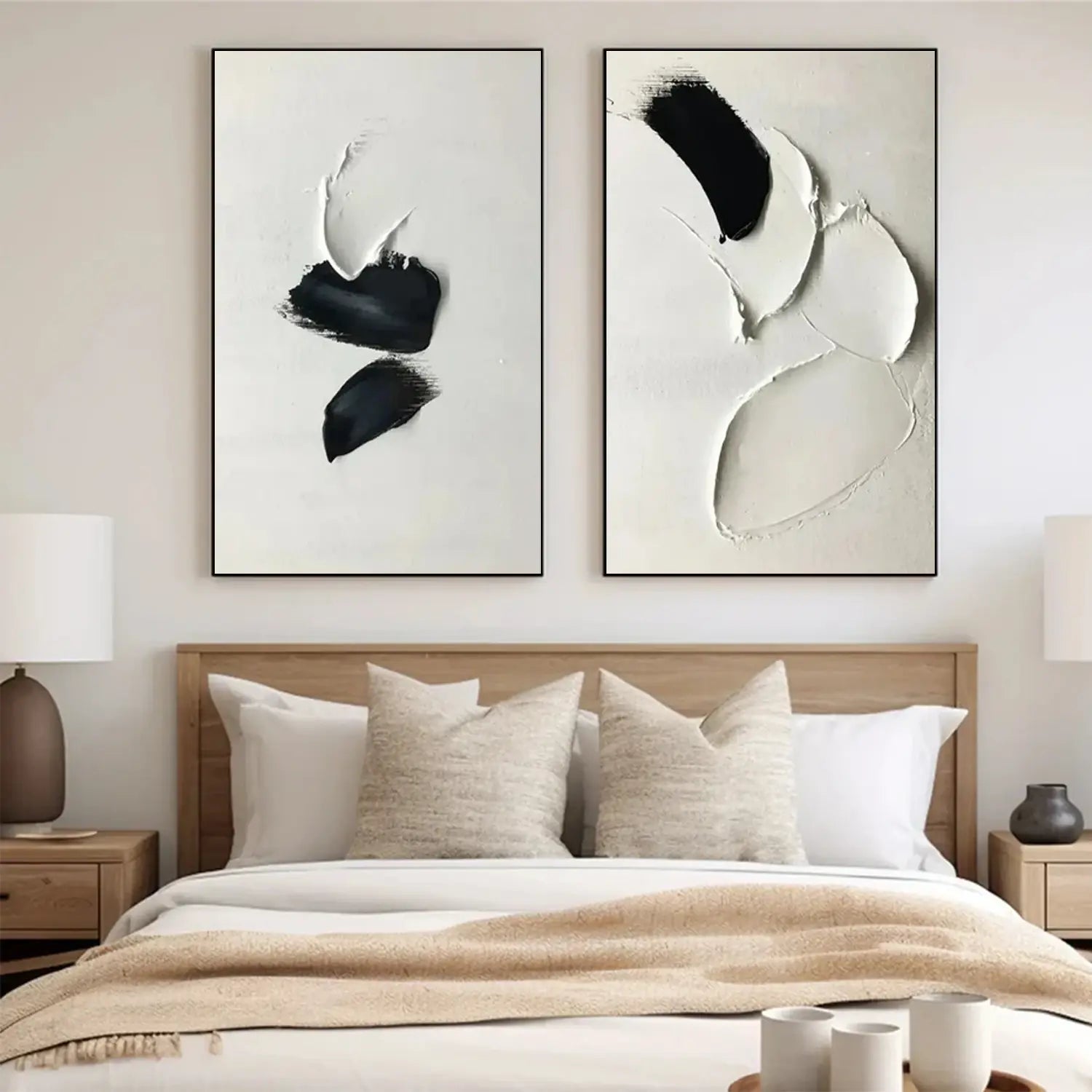White and Black Minimalist Textured Canvas Set of 2