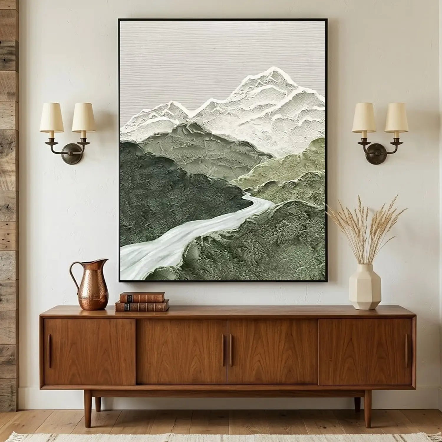 Green and White Mountain Textured Abstract Painting
