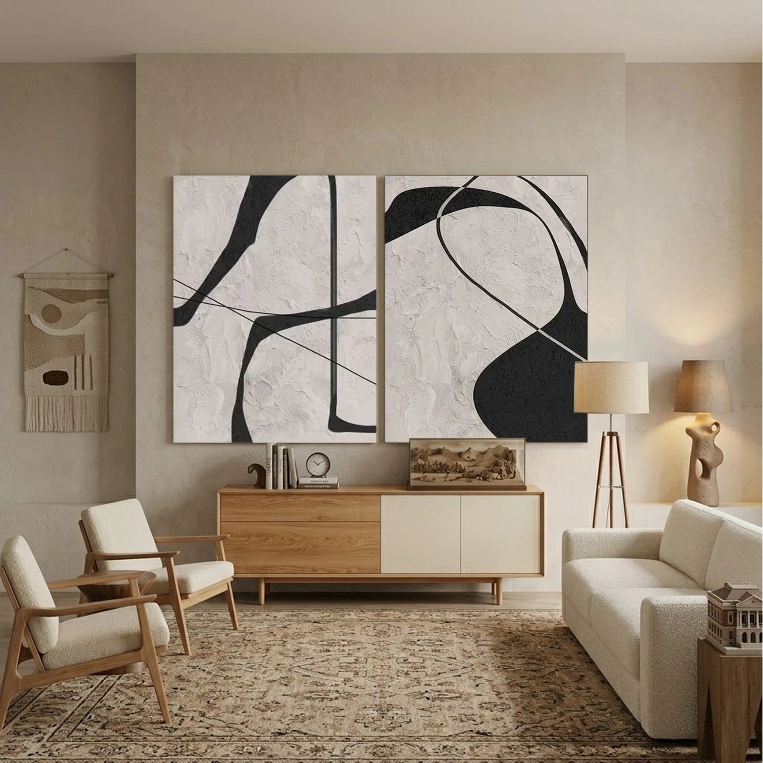 Beige & Black Abstract Textured Painting Set of 2 #WS110