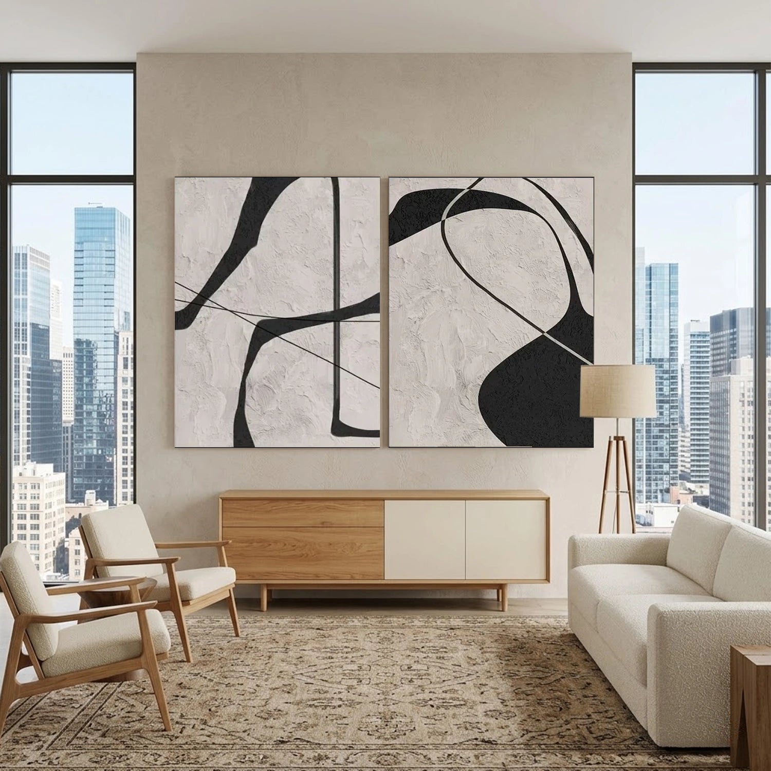 Beige & Black Abstract Textured Painting Set of 2 #WS110