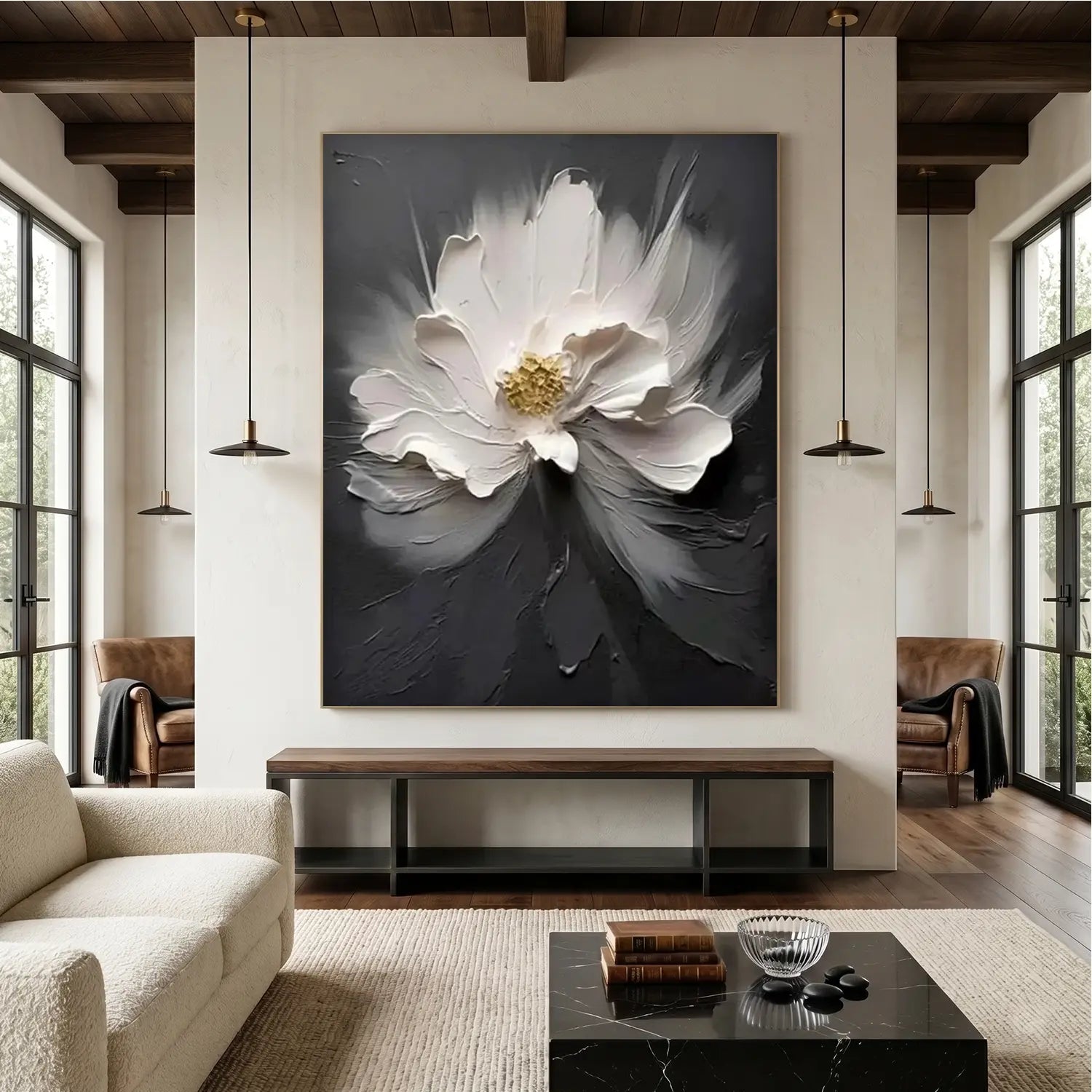Black and White Flower Abstract Textured Wall Art