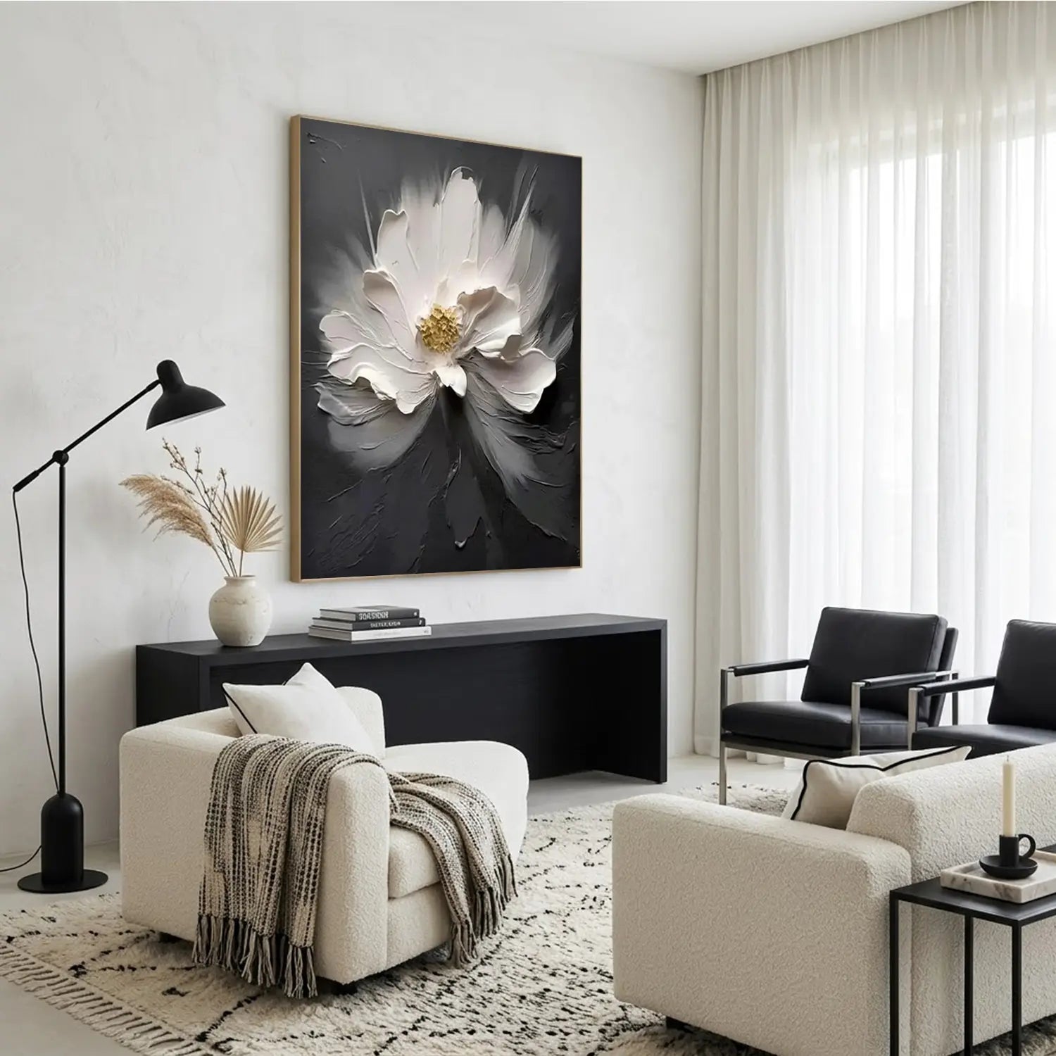 Black and White Flower Abstract Textured Wall Art