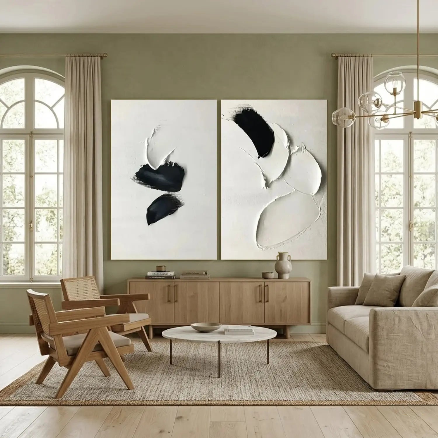 White and Black Minimalist Textured Canvas Set of 2