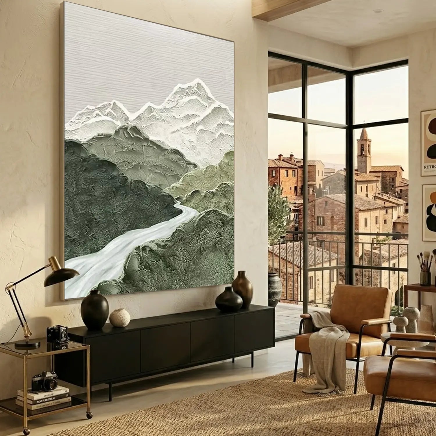 Green and White Mountain Textured Abstract Painting