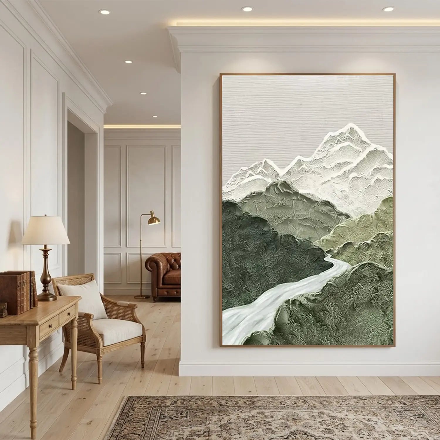 Green and White Mountain Textured Abstract Painting