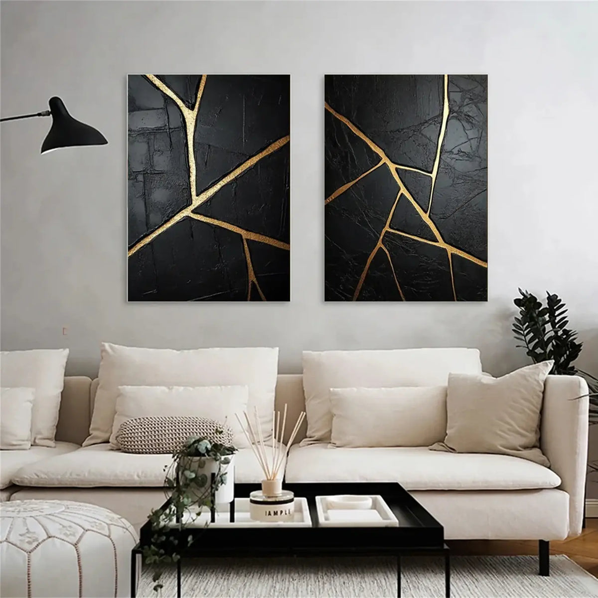 Black and Gold Minimalist Textured Canvas Set of 2 #BM014