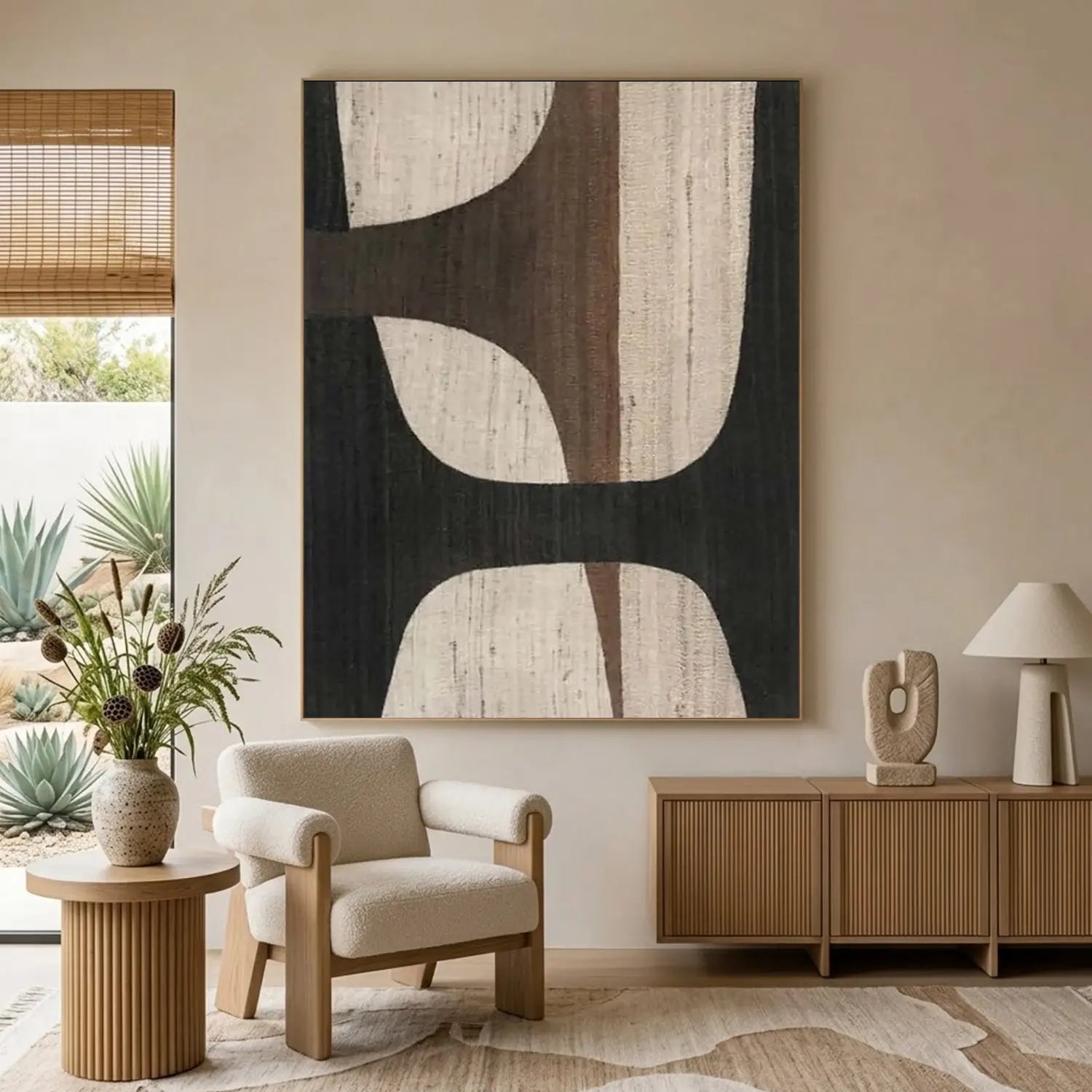 Oversize Large Wabi Sabi Abstract Painting on Canvas Minimalistic Wall Art, Black and Beige #WS018