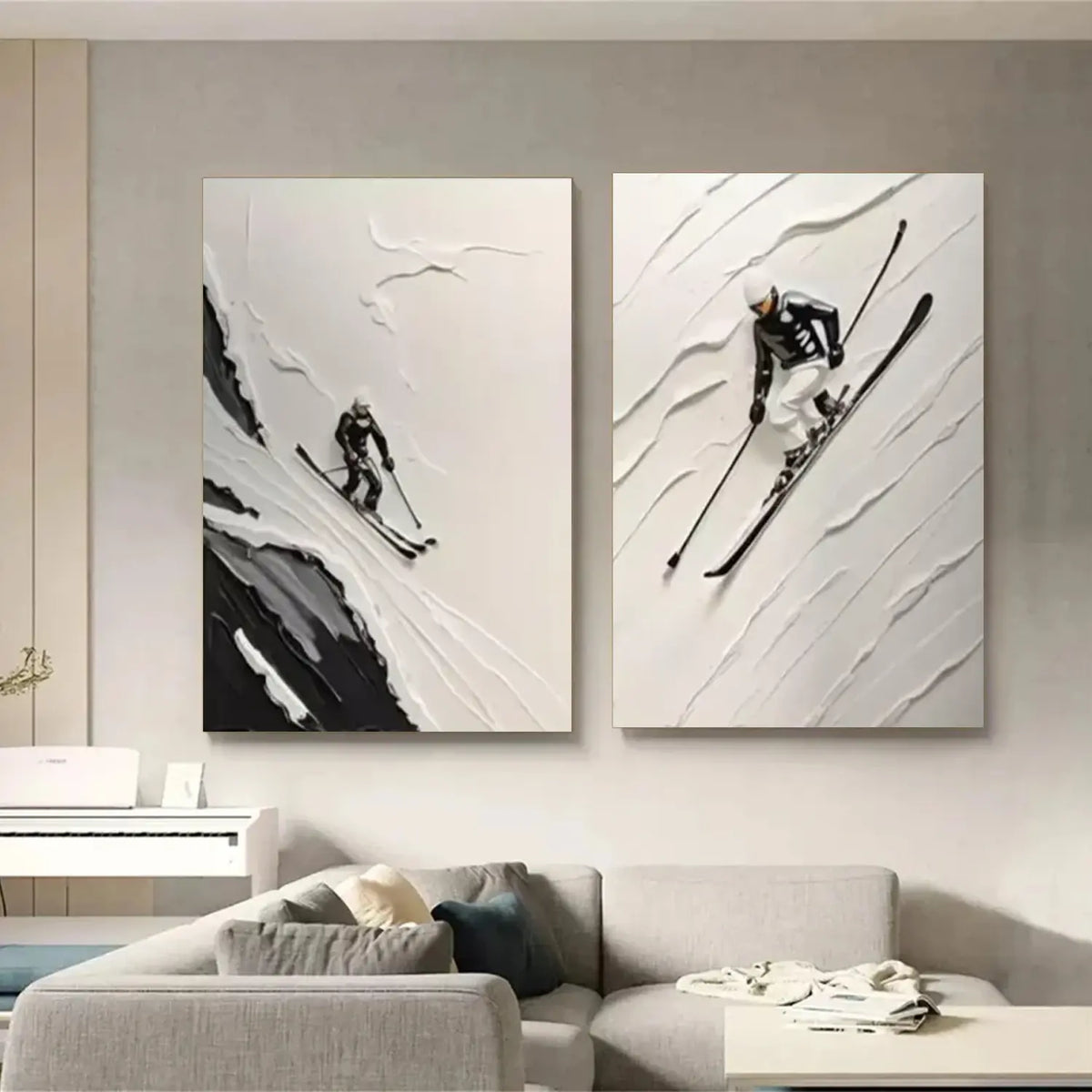 Black and White Skiing Sports Textured Wall Art Set of 2  #SC017