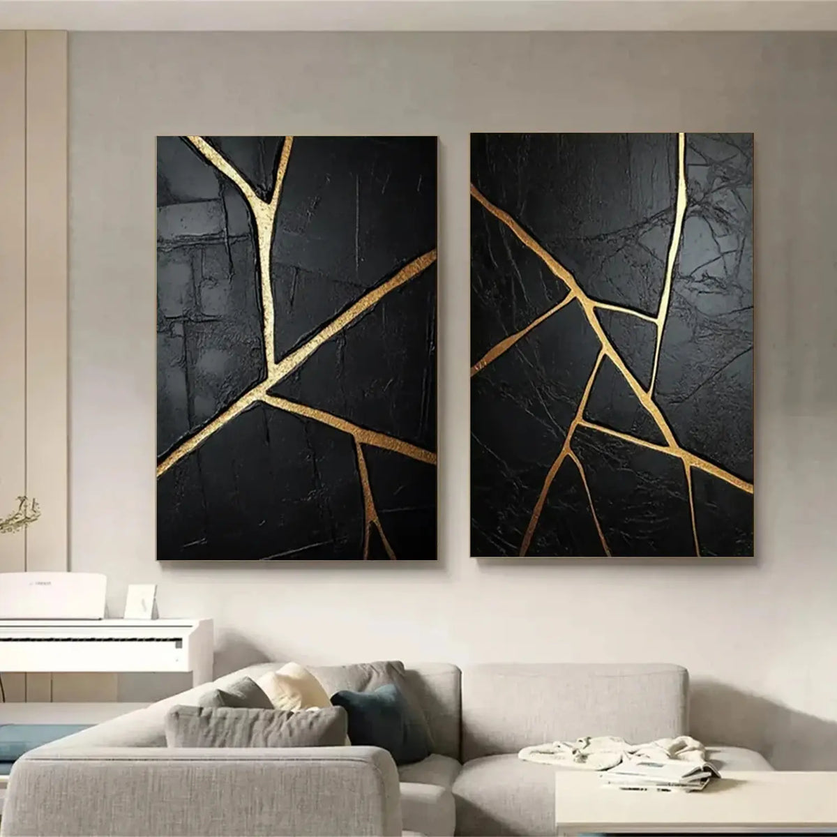 Black and Gold Minimalist Textured Canvas Set of 2 #BM014
