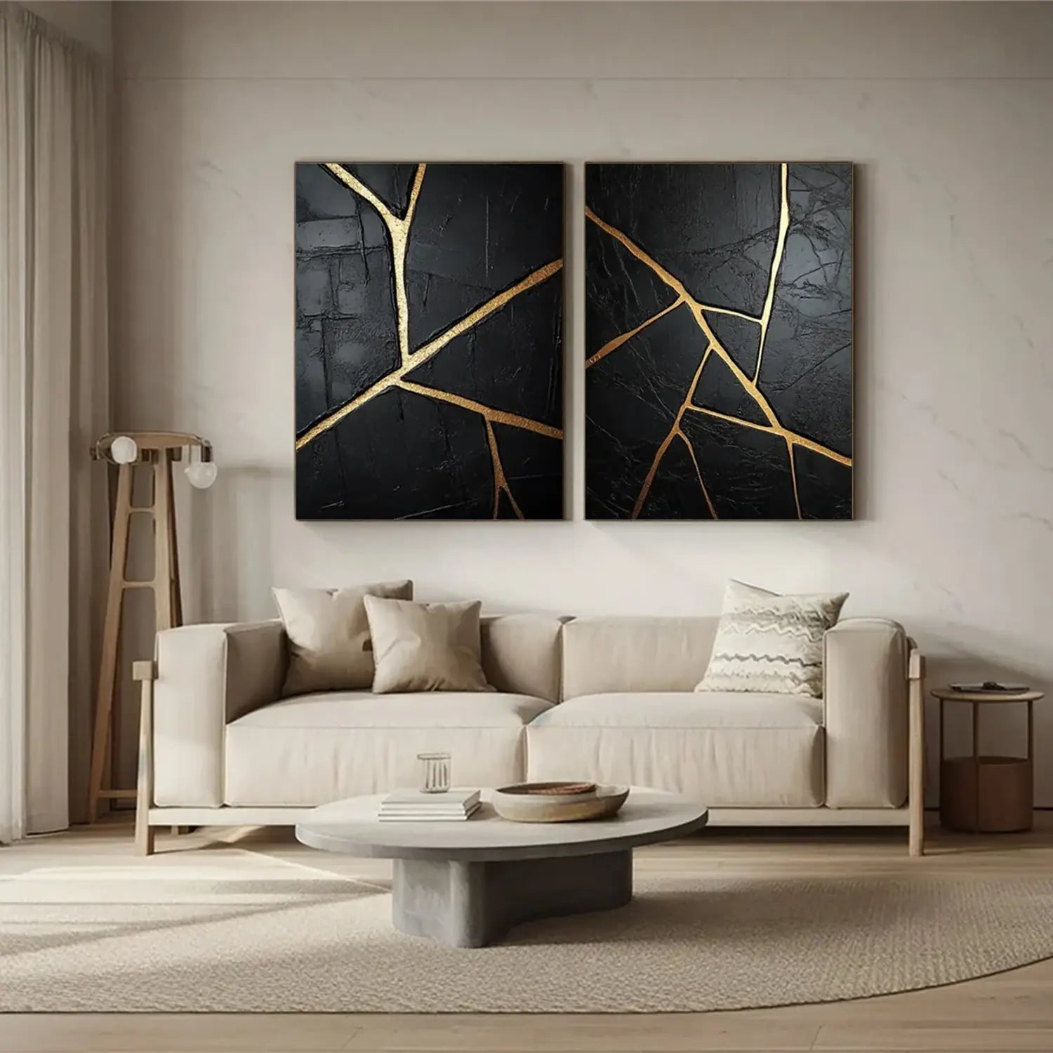 Black and Gold Minimalist Textured Canvas Set of 2 #BM014