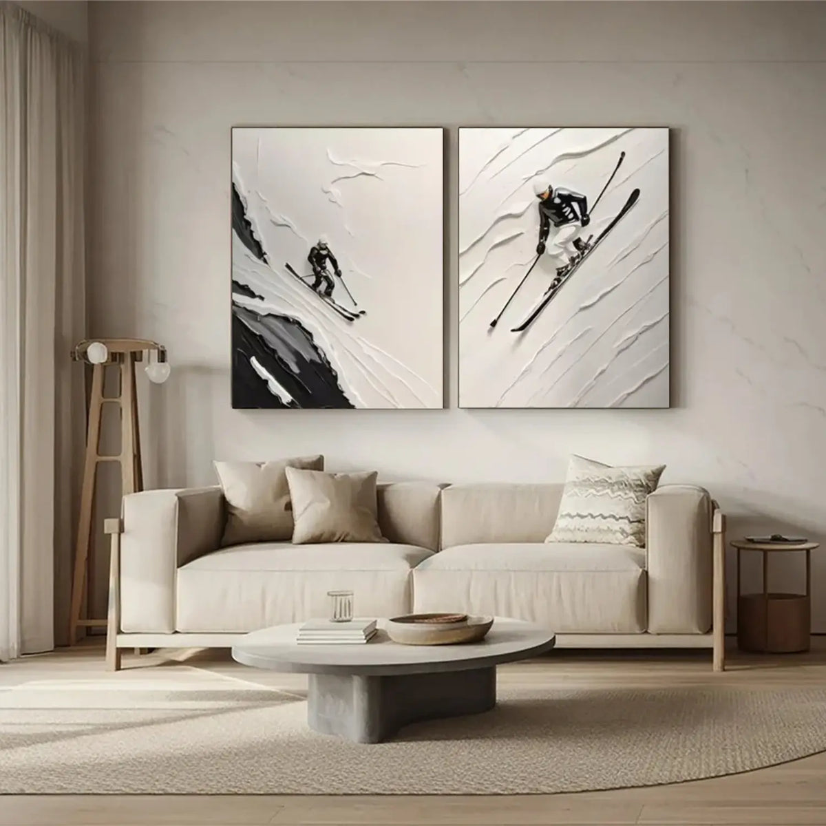 Black and White Skiing Sports Textured Wall Art Set of 2  #SC017