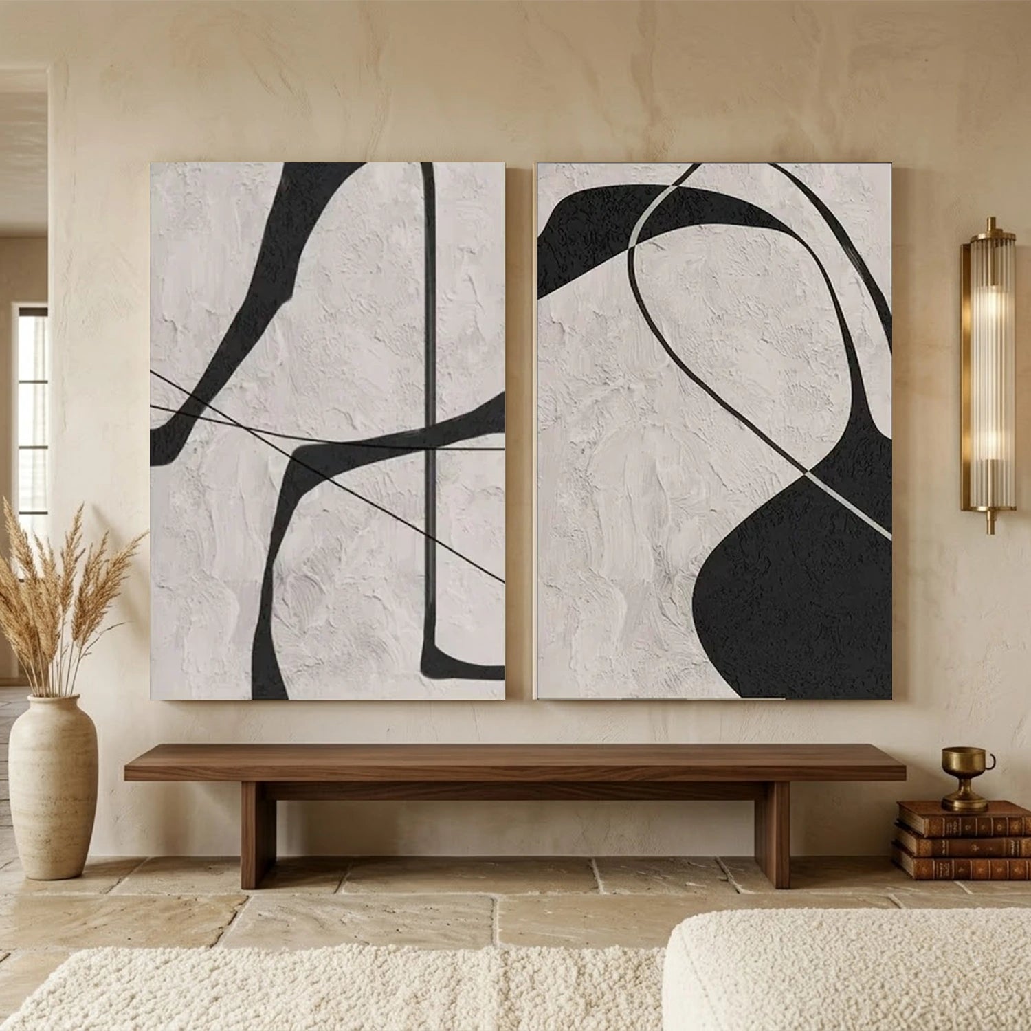 Beige & Black Abstract Textured Painting Set of 2 #WS110