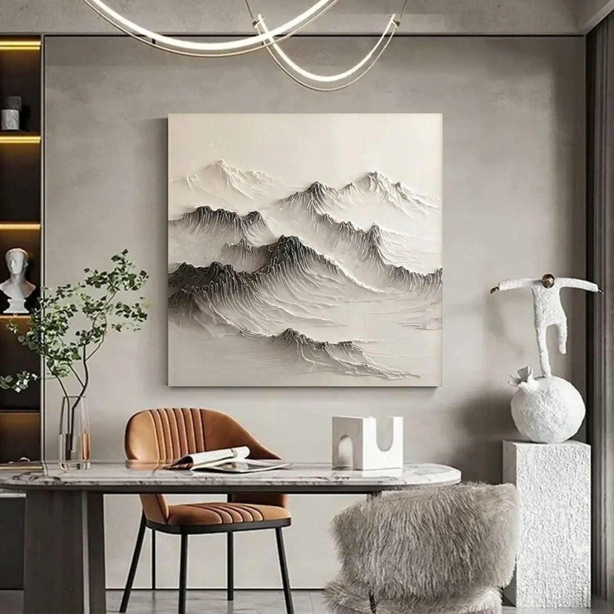 Black and White Minimalist Mountain Textured Canvas Art #BM009