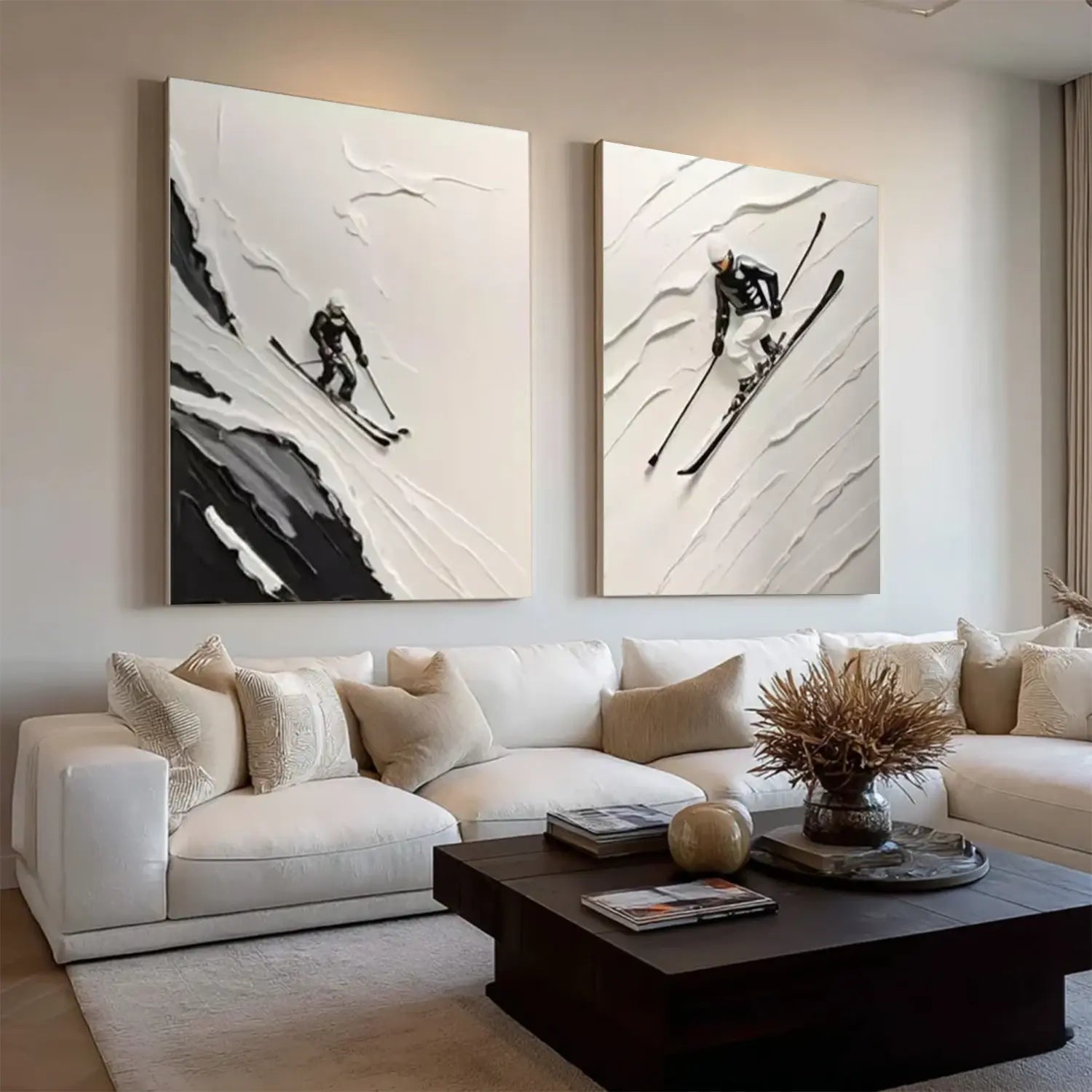 Black and White Skiing Sports Textured Wall Art Set of 2  #SC017