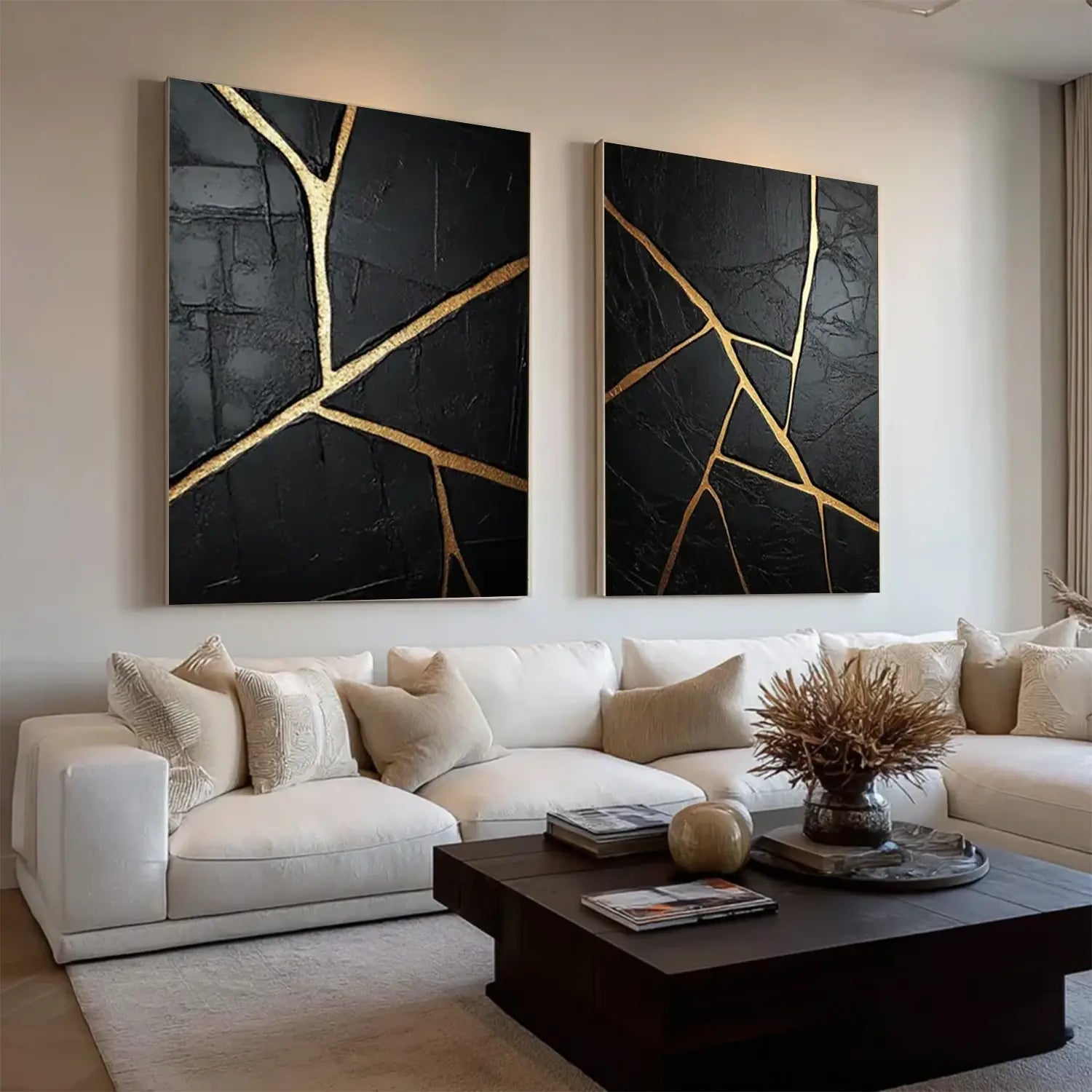 Black and Gold Minimalist Textured Canvas Set of 2 #BM014