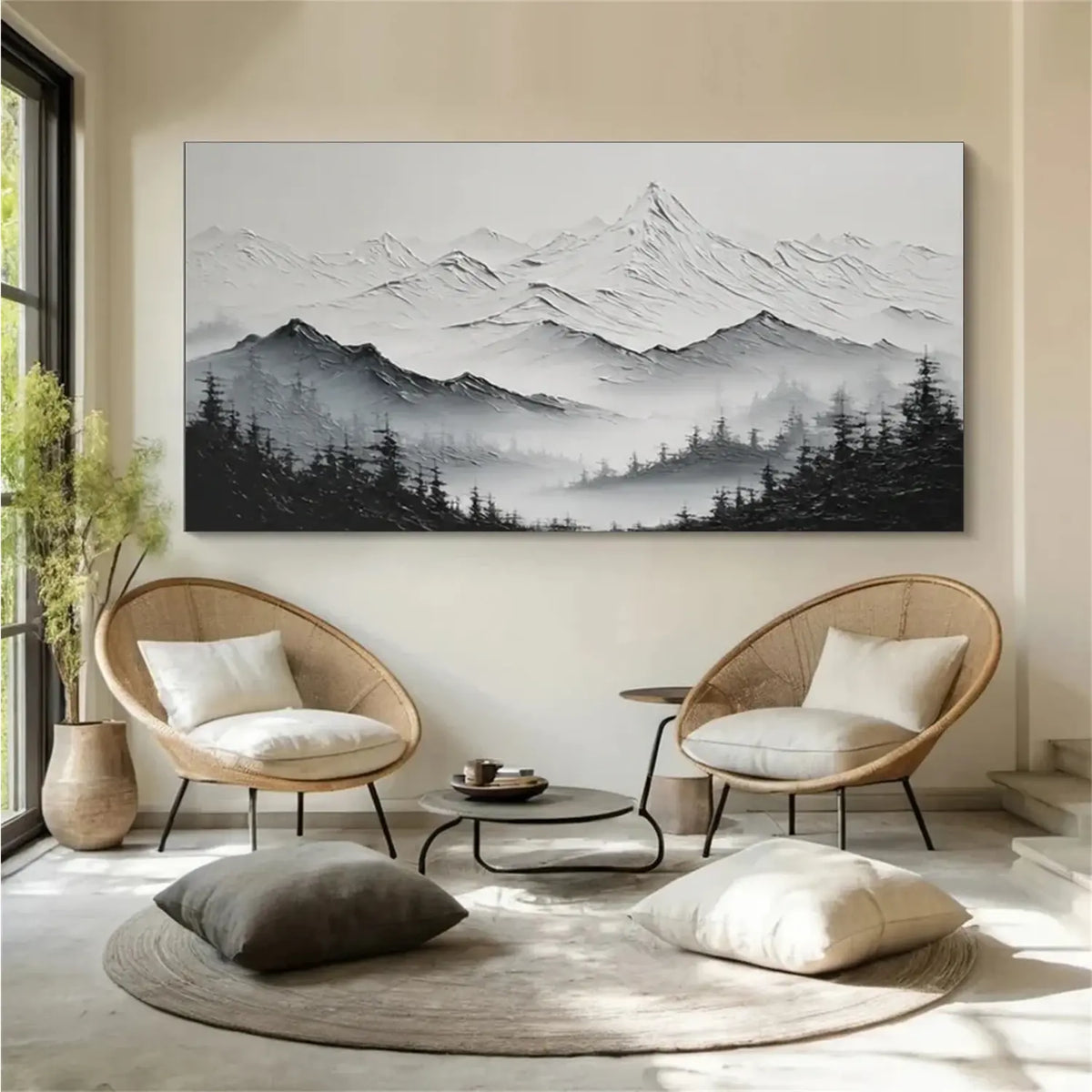 Black and White Minimalist Mountain Textured Canvas Art #BM006