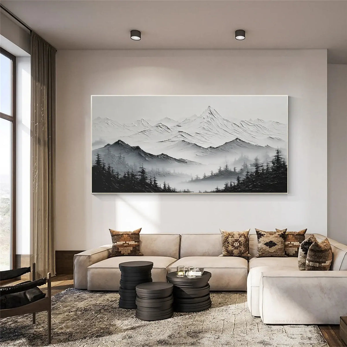 Black and White Minimalist Mountain Textured Canvas Art #BM006