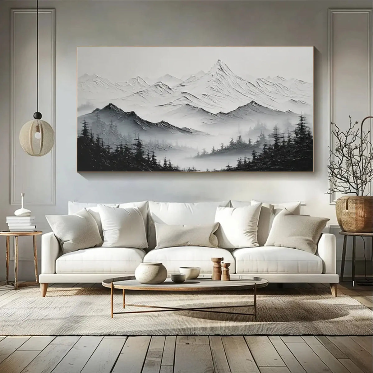 Black and White Minimalist Mountain Textured Canvas Art #BM006