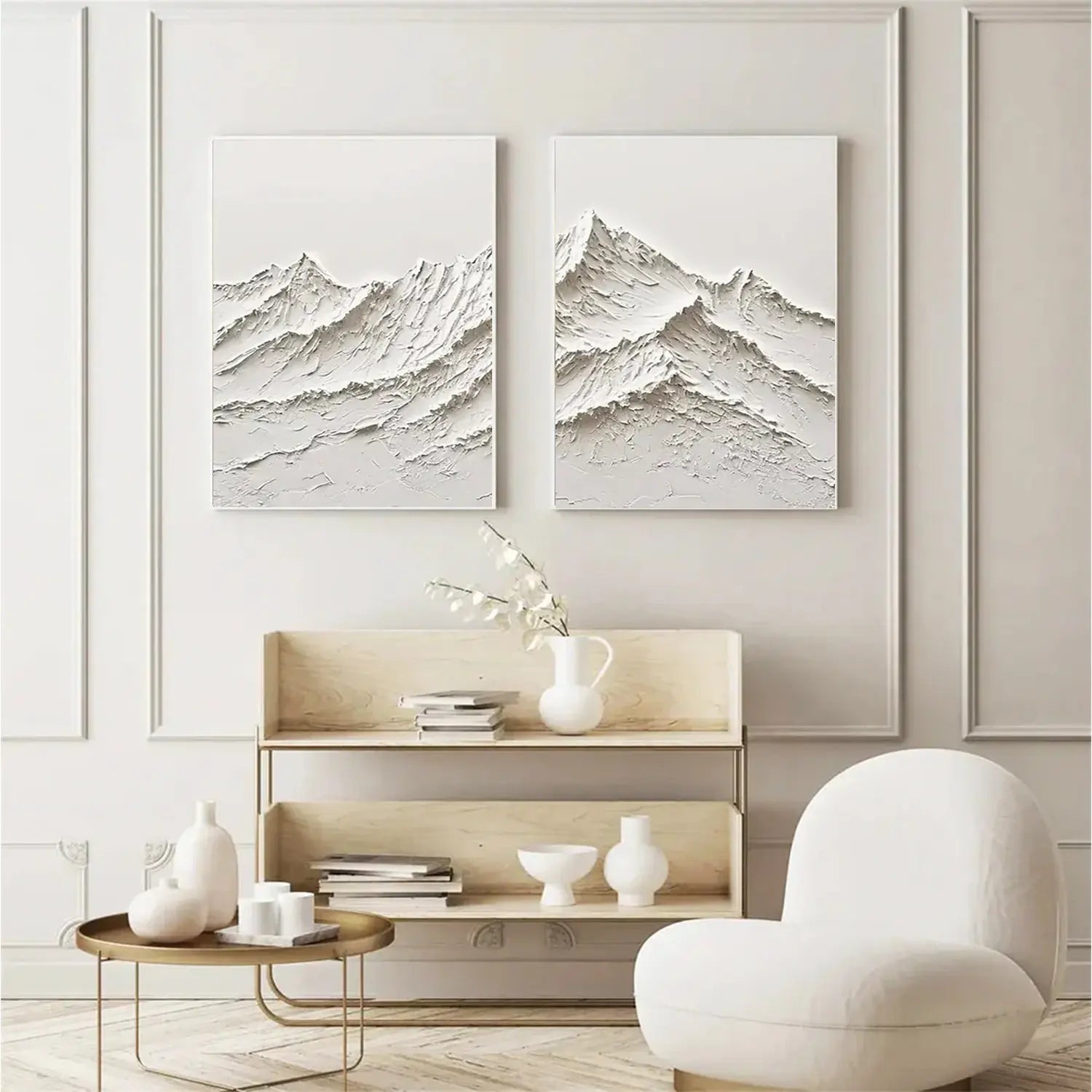 White Minimalist Mountain Textured Canvas Art Set of 2