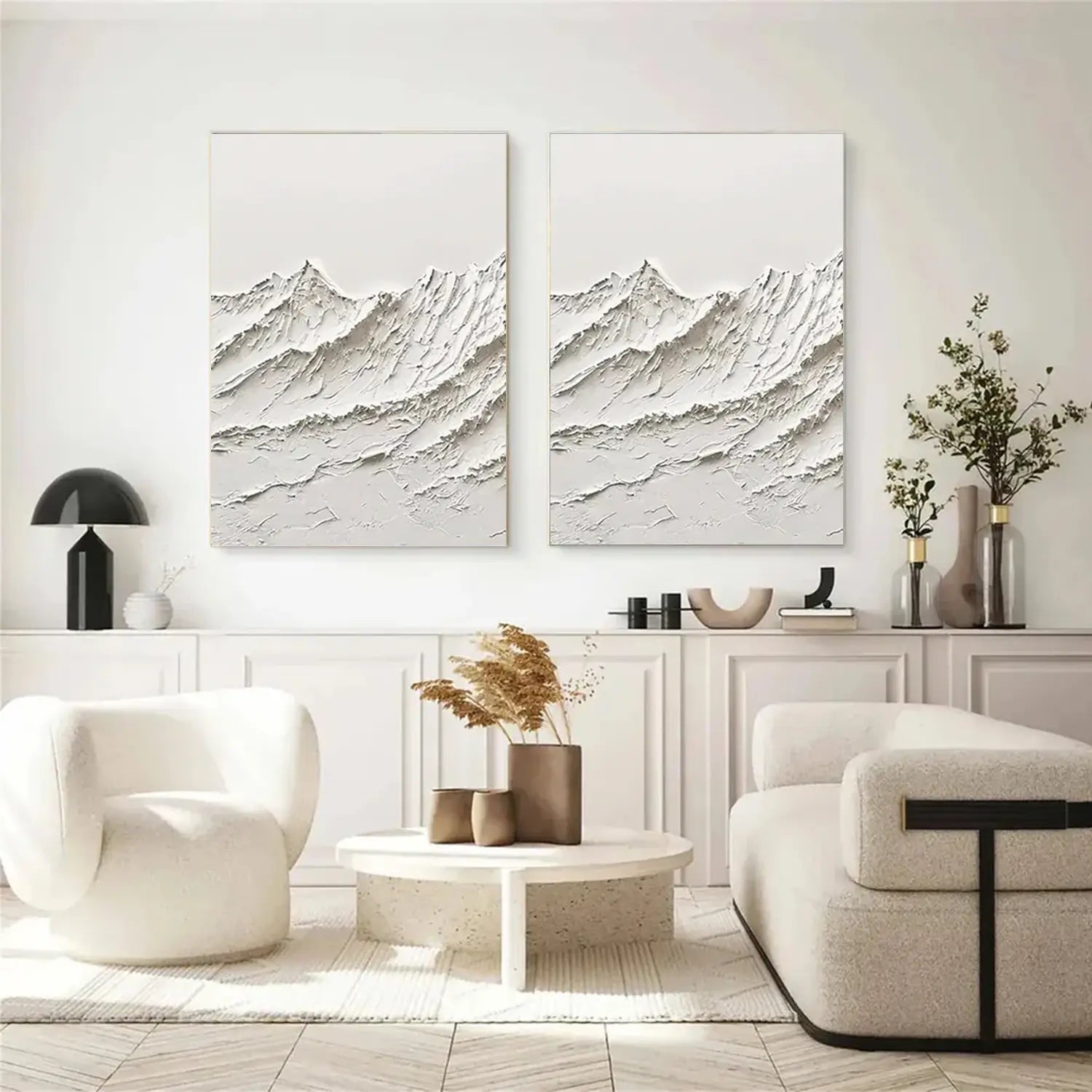 White Minimalist Mountain Textured Canvas Art Set of 2