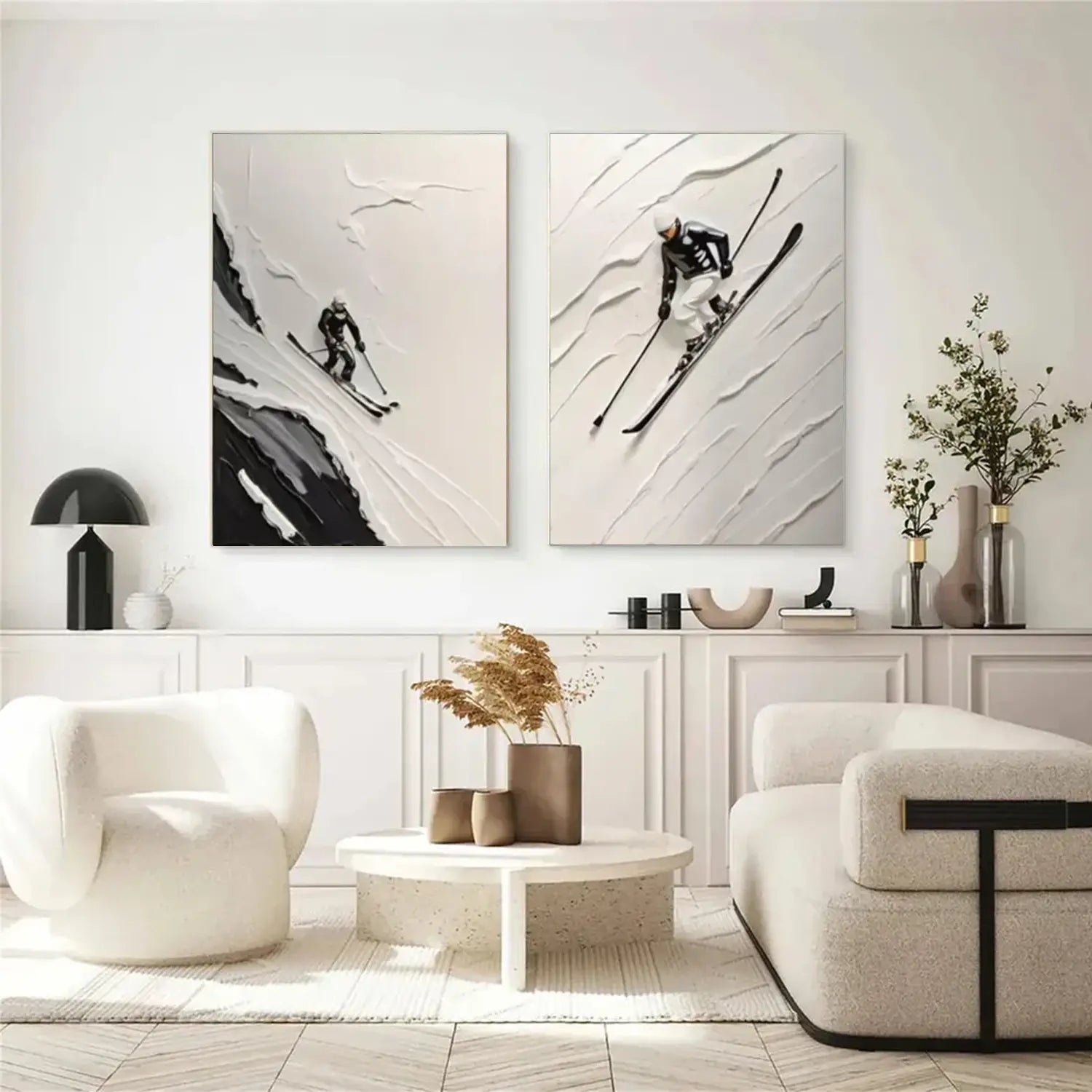 Black and White Skiing Sports Textured Wall Art Set of 2  #SC017