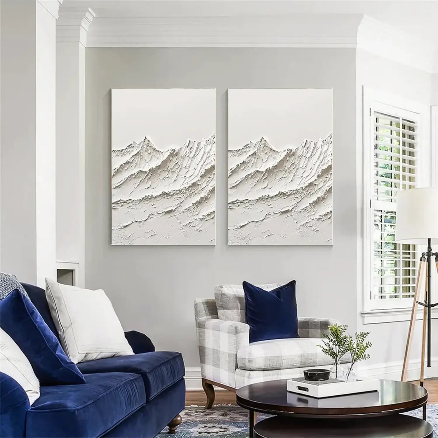 White Minimalist Mountain Textured Canvas Art Set of 2