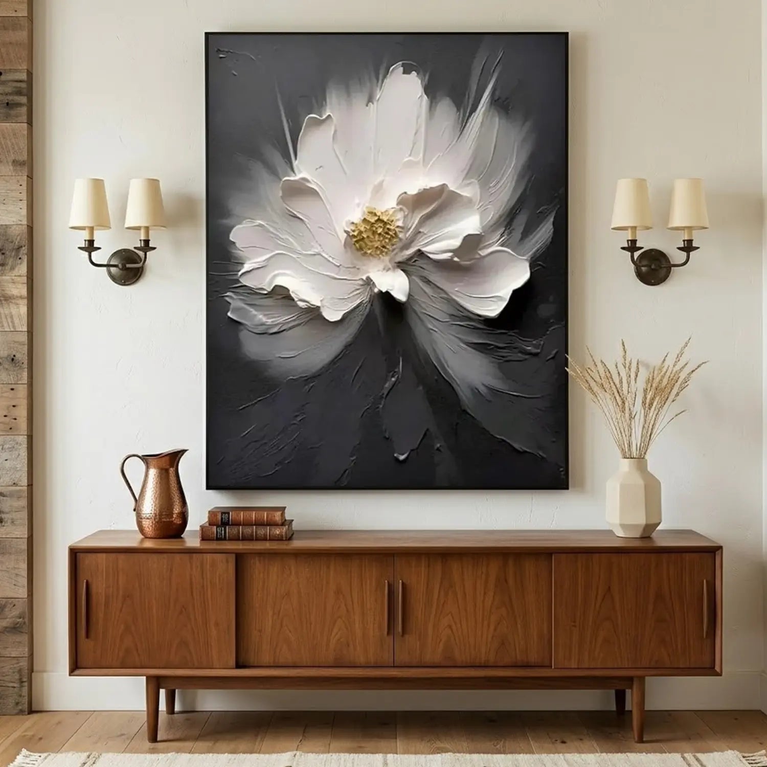 Black and White Flower Abstract Textured Wall Art