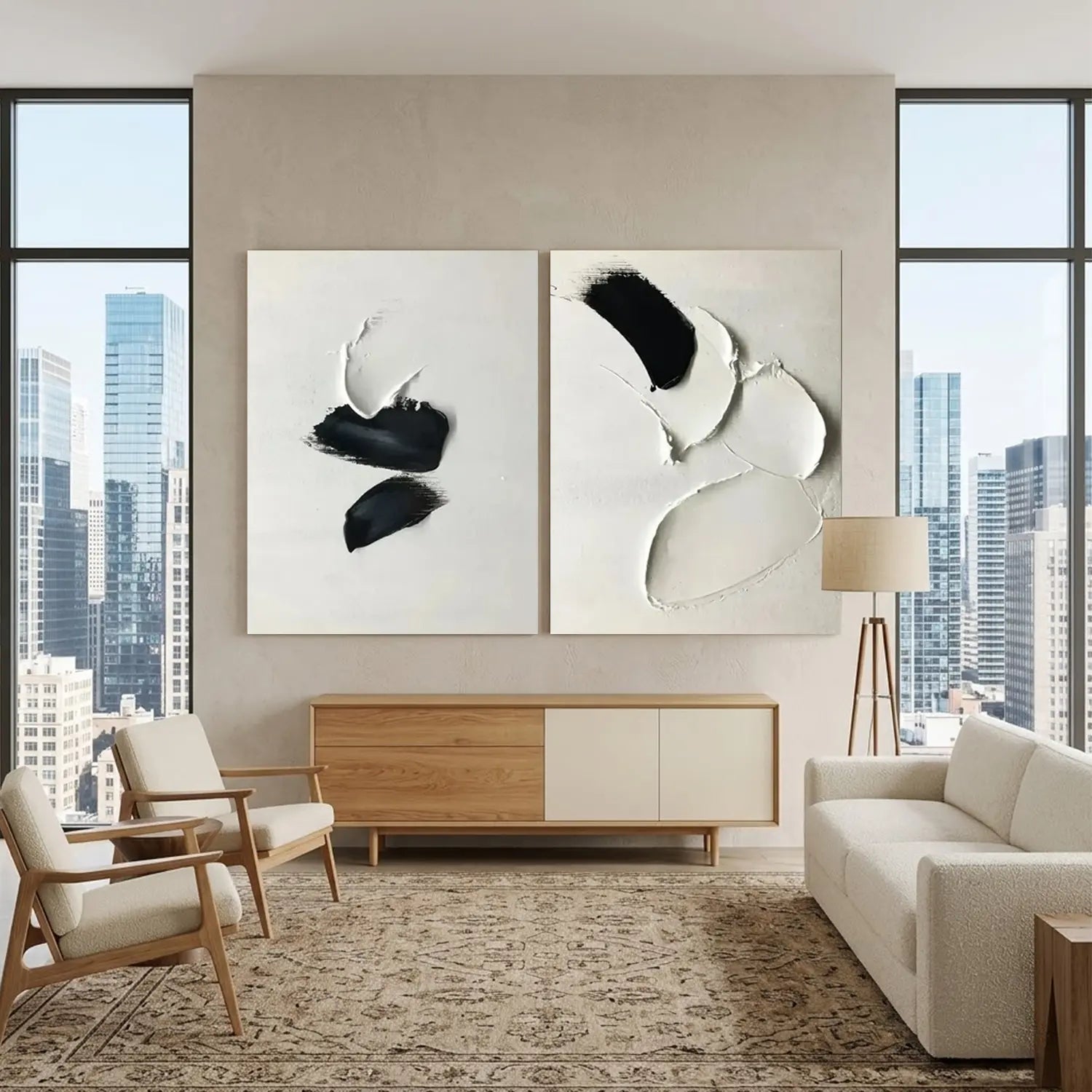 White and Black Minimalist Textured Canvas Set of 2